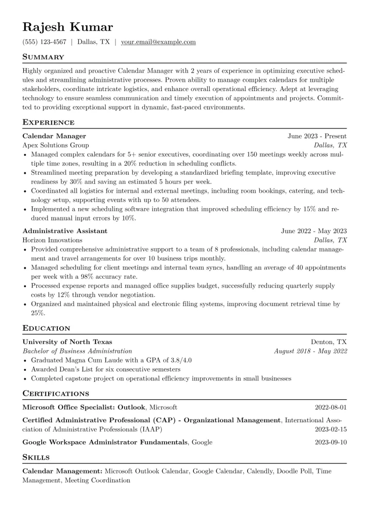 Calendar Manager Resume Example CV template preview