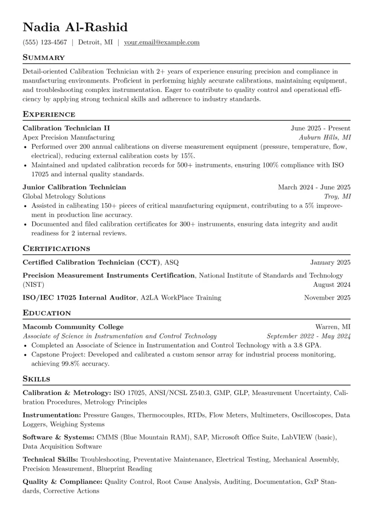Calibration Technician Resume Example preview