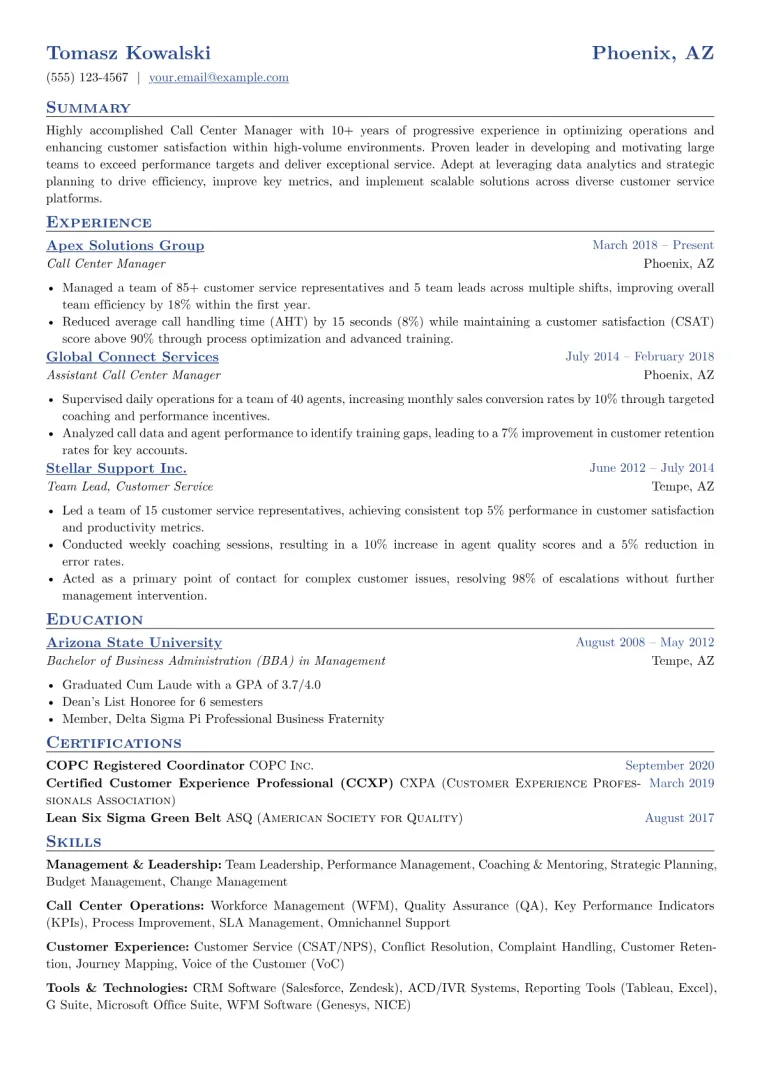 Call Center Manager Resume Example CV template preview