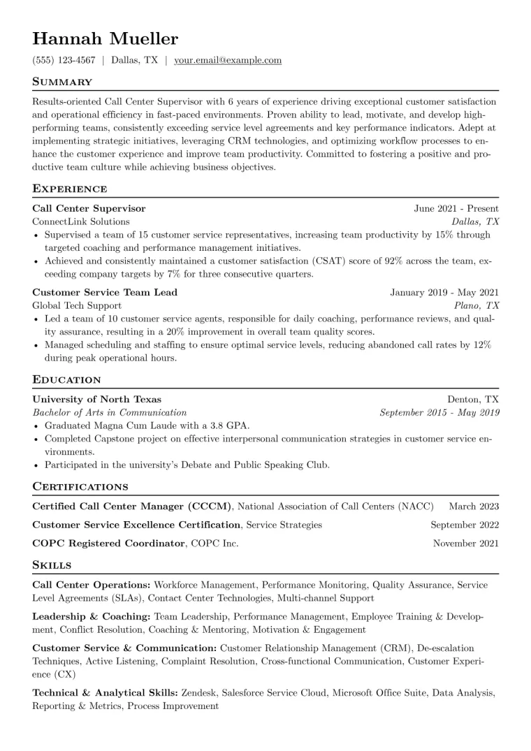 Call Center Supervisor Resume Example CV template preview