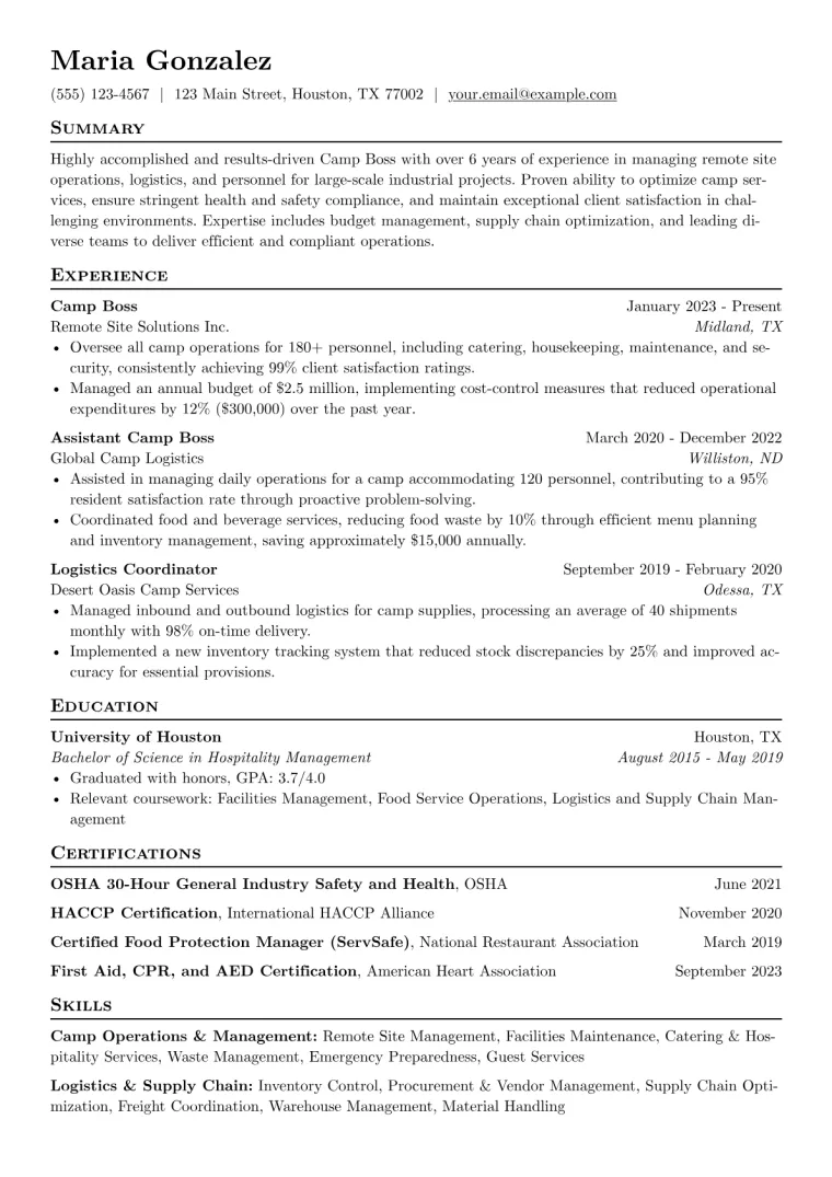 Camp Boss Resume Example CV template preview