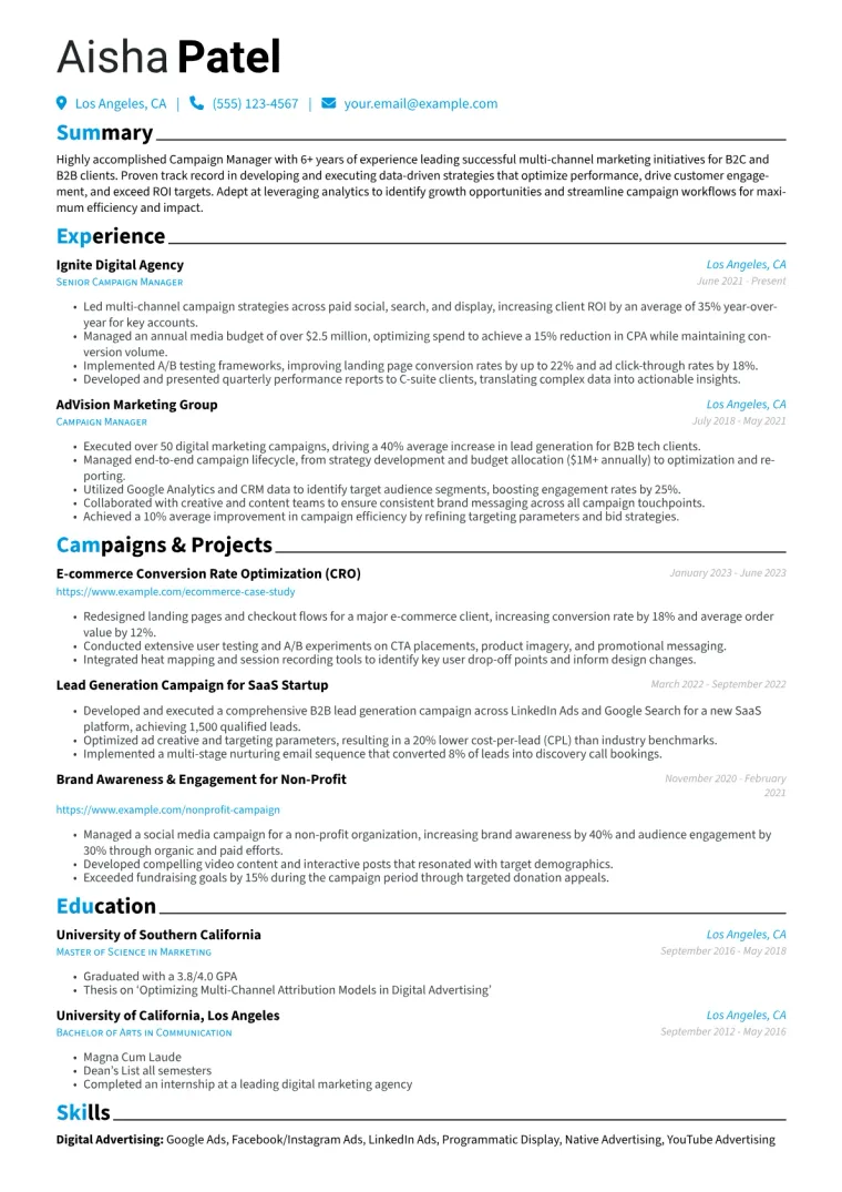 Campaign Manager Resume Example CV template preview