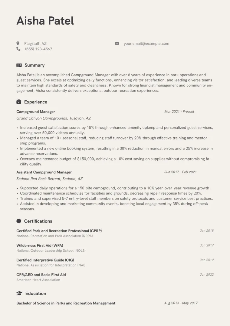 Campground Manager Resume Example CV template preview