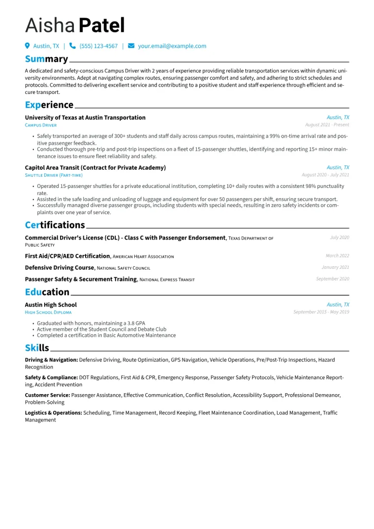 Campus Driver Resume Example CV template preview