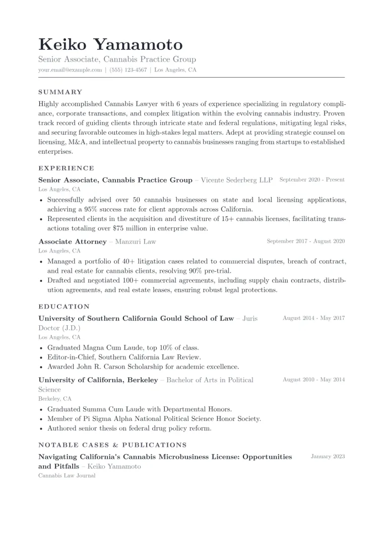 Cannabis Lawyer Resume Example CV template preview