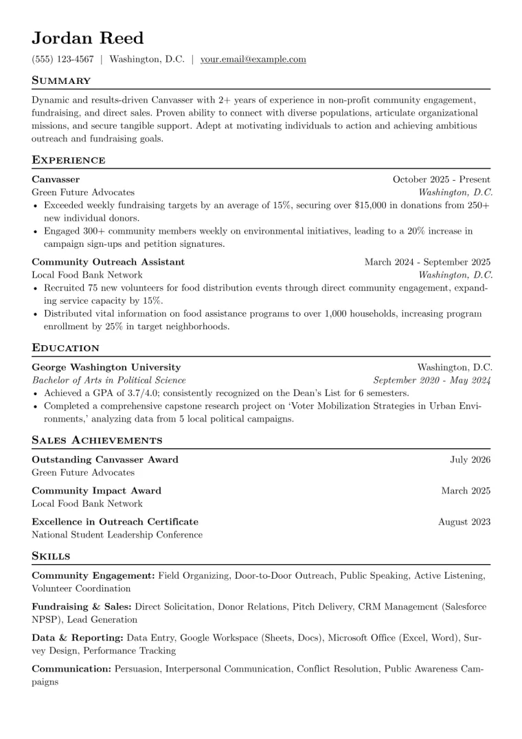 Canvasser Resume Example preview