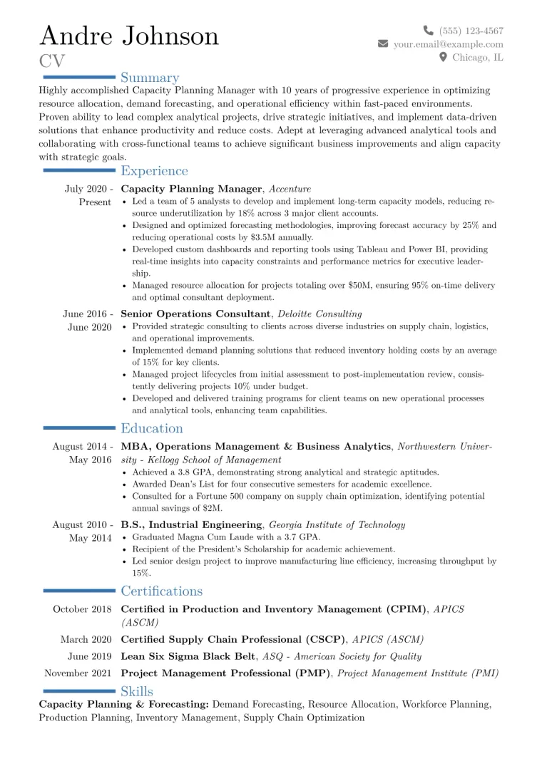 Capacity Planning Manager Resume Example CV template preview