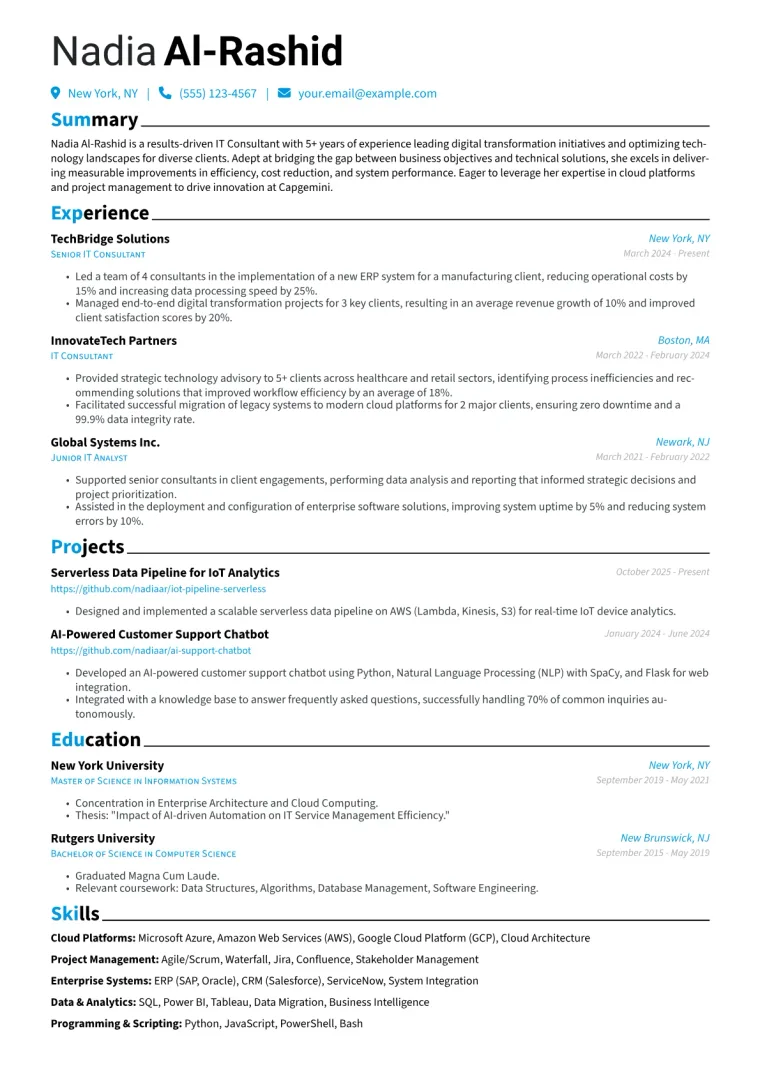Capgemini Resume Example CV template preview