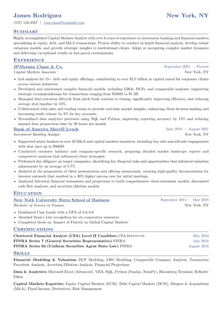 Capital Markets Analyst Resume Example CV template preview
