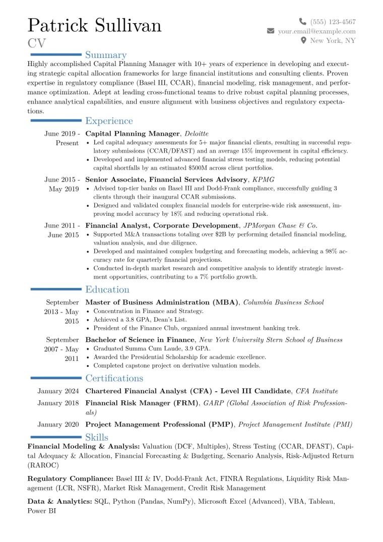 Capital Planning Manager Resume Example CV template preview
