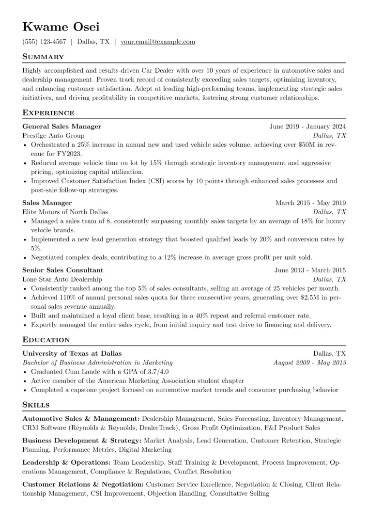 Car Dealer Resume Example CV template preview