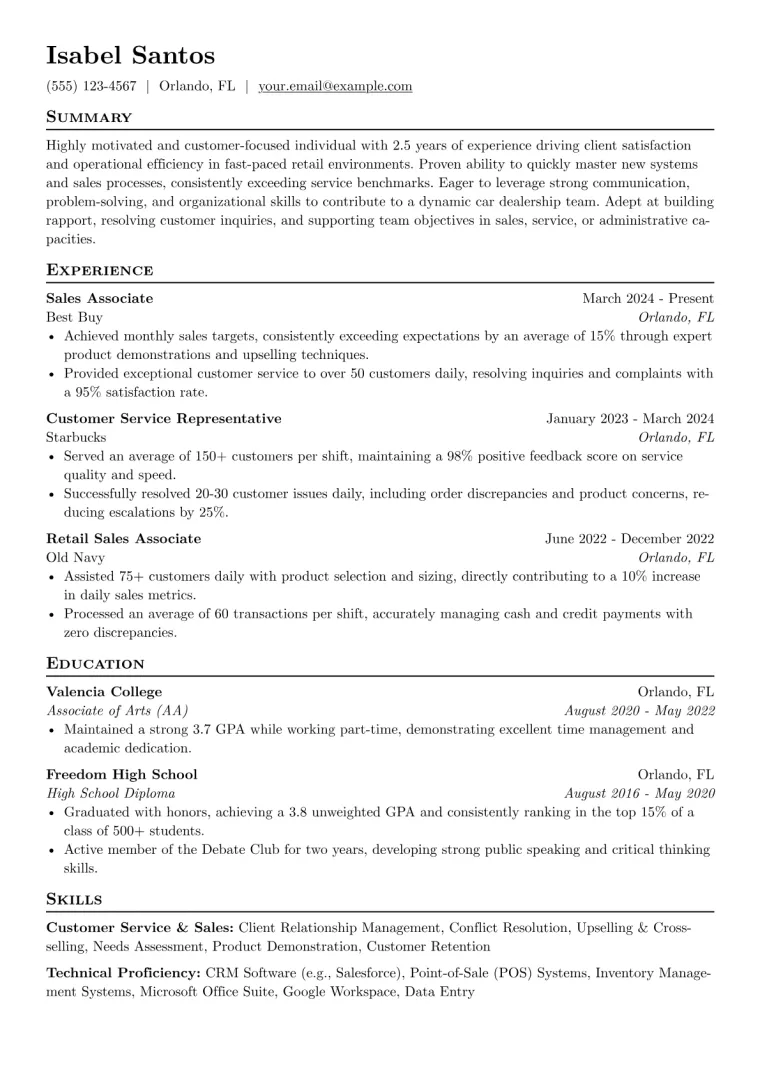 Car Dealership Resume Example CV template preview