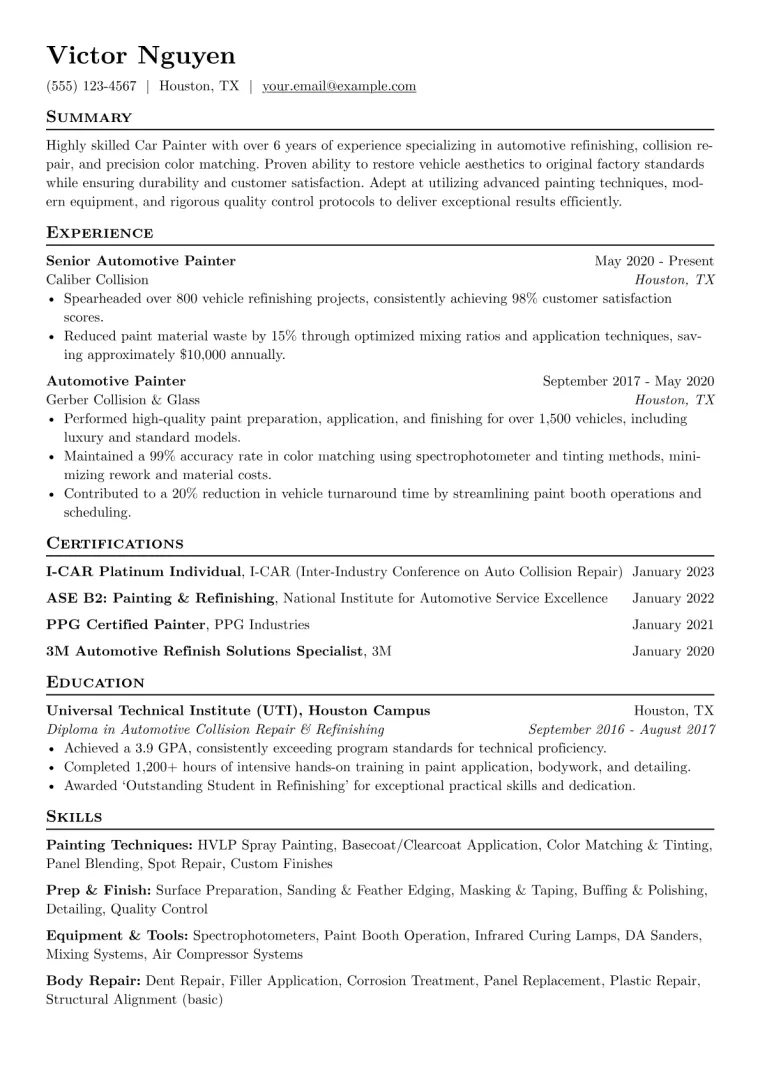 Car Painter Resume Example CV template preview