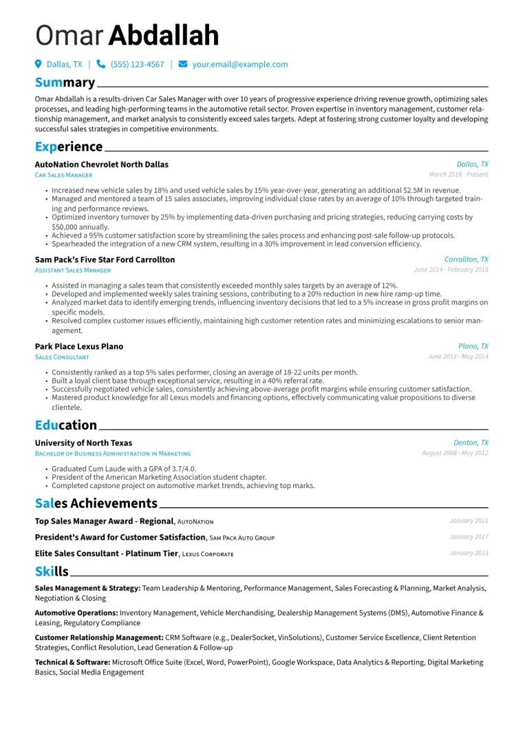Car Sales Manager Resume Example CV template preview