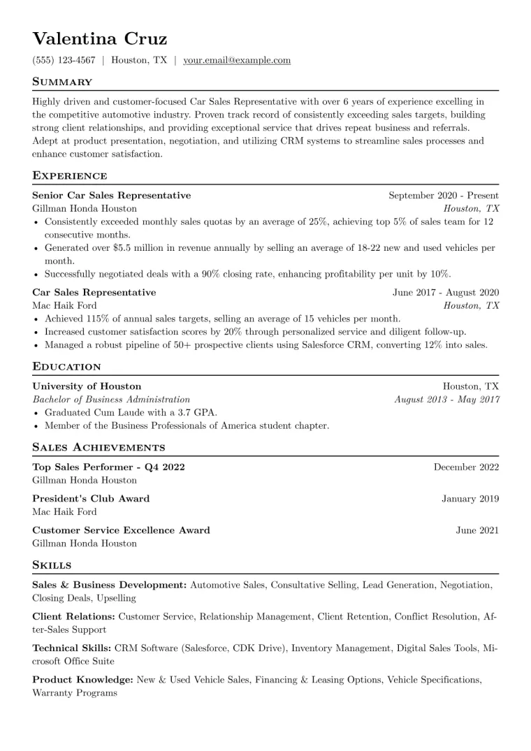 Car Sales Representative Resume Example CV template preview