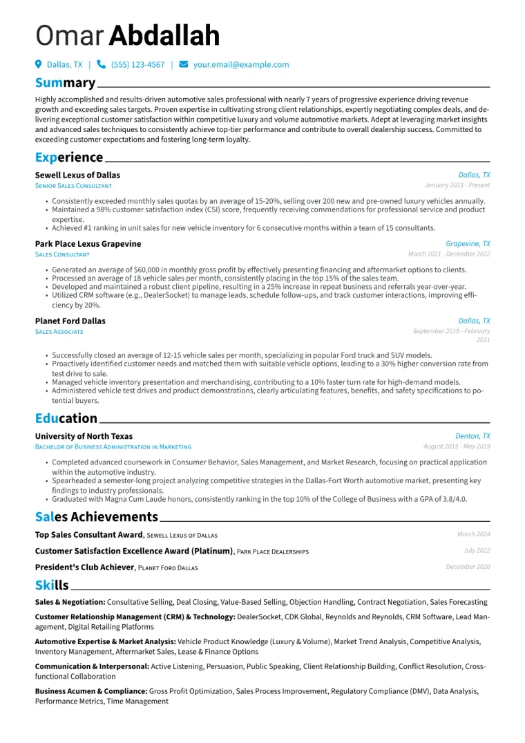 Car Sales Resume Example preview
