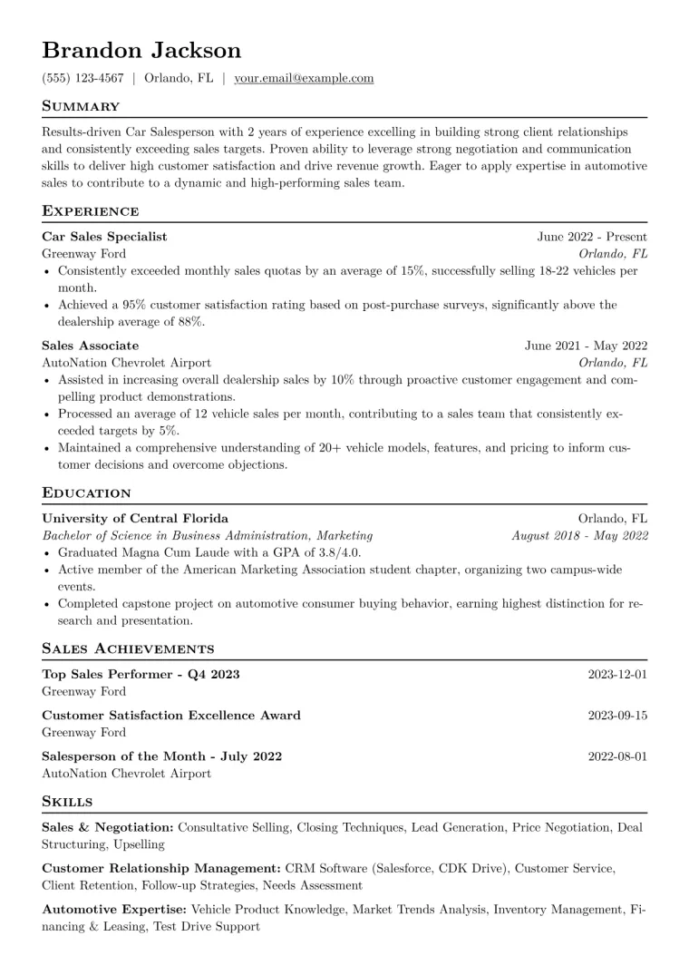 Car Salesperson Resume Example CV template preview