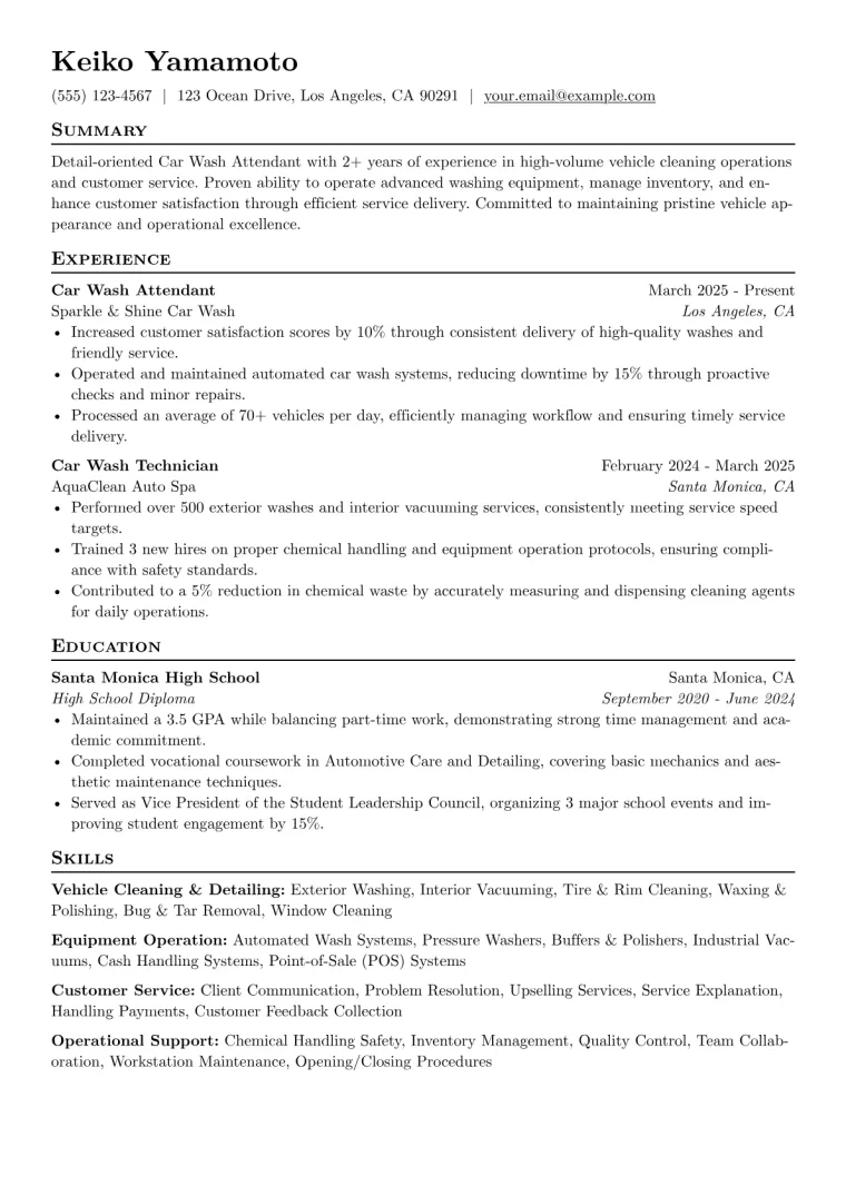 Car Wash Attendant Resume Example CV template preview