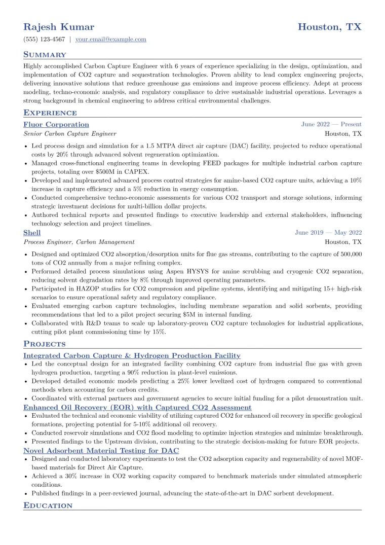 Carbon Capture Engineer Resume Example CV template preview
