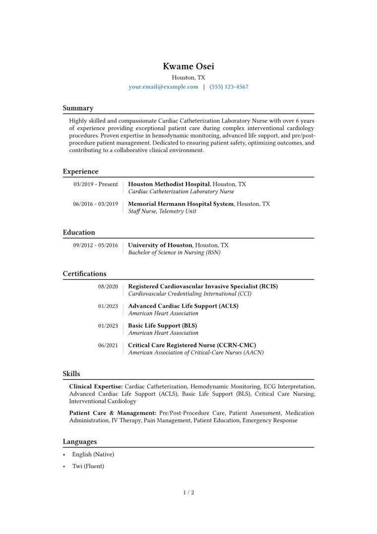 Cardiac Catheterization Laboratory Nurse Resume Example CV template preview