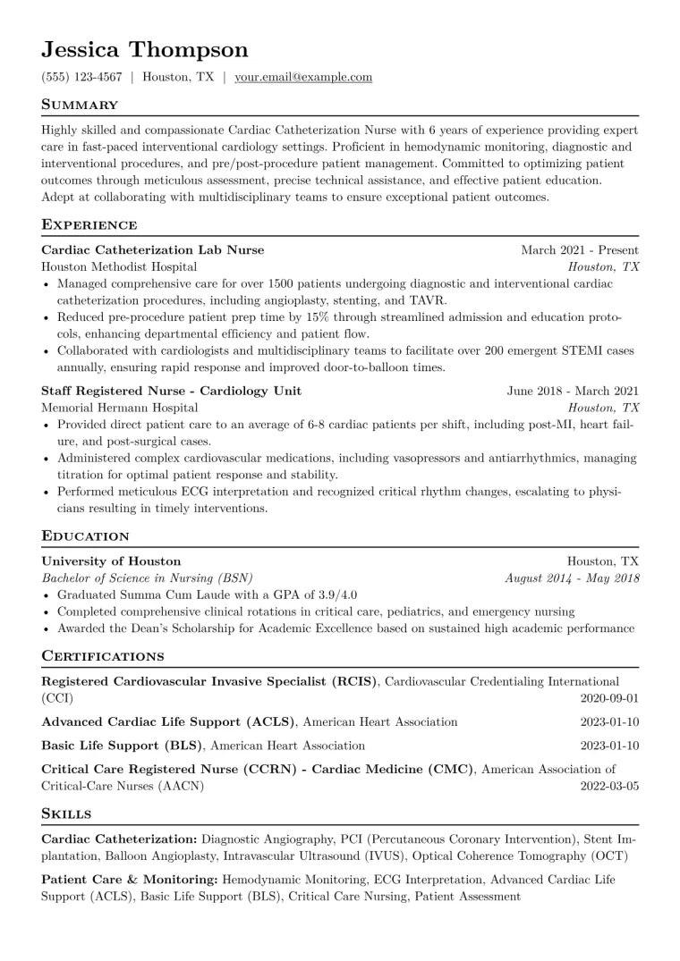 Cardiac Catheterization Nurse Resume Example CV template preview