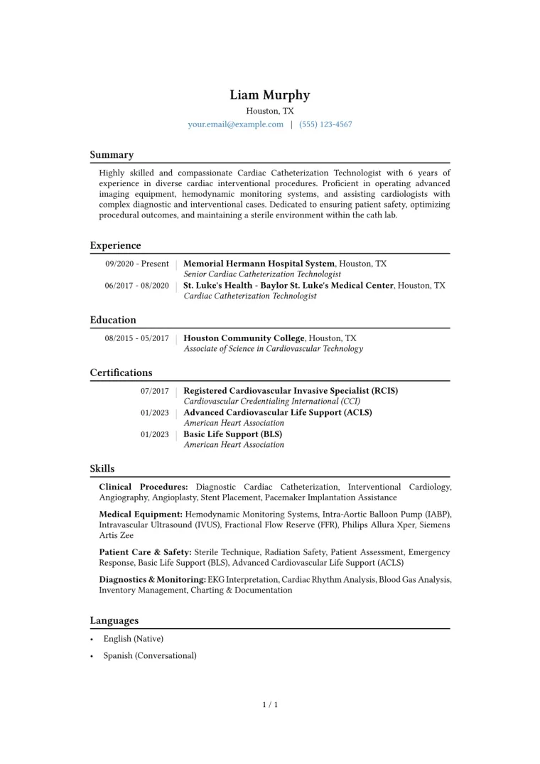 Cardiac Catheterization Technologist Resume Example CV template preview
