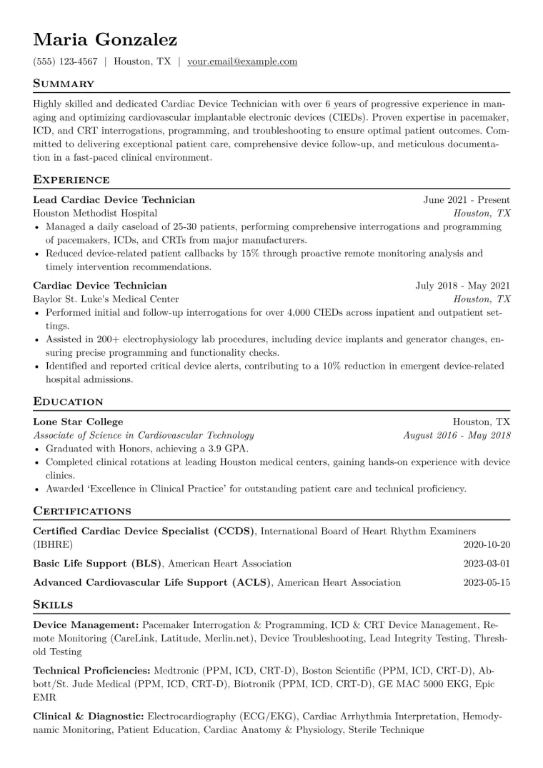 Cardiac Device Technician Resume Example CV template preview