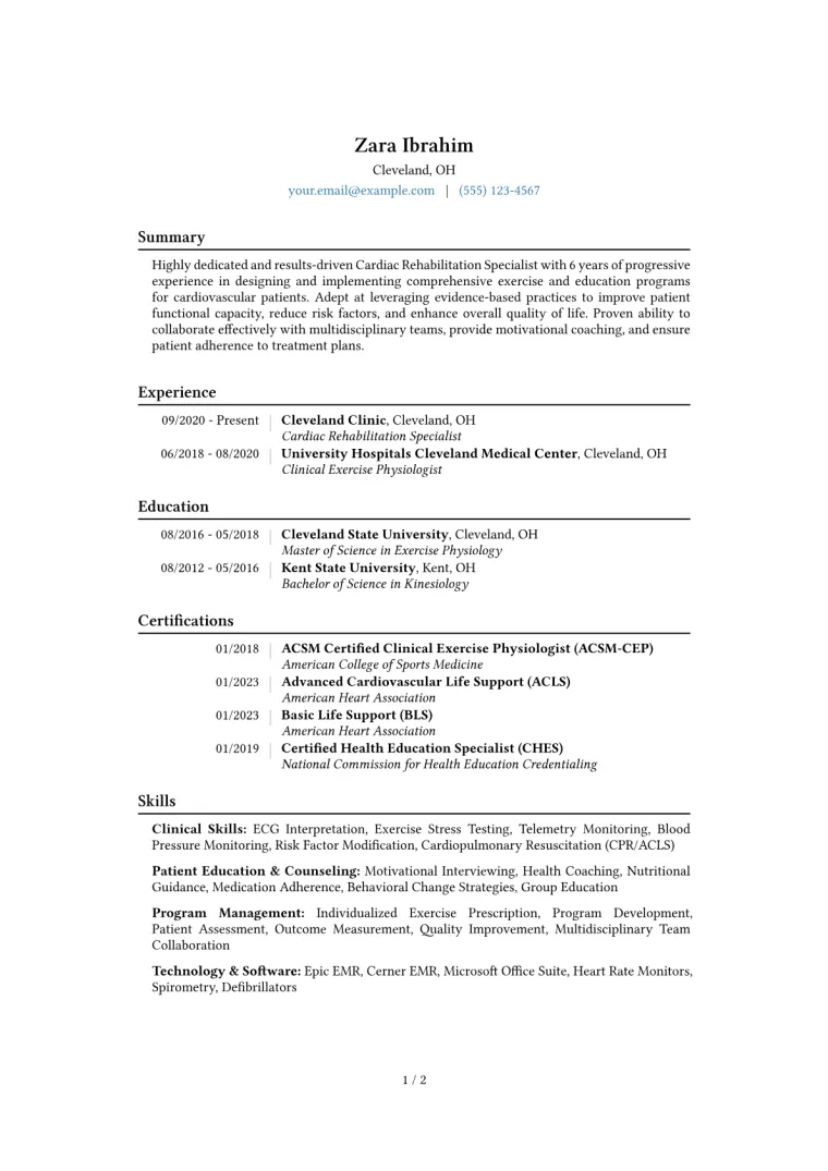 Cardiac Rehabilitation Specialist Resume Example CV template preview