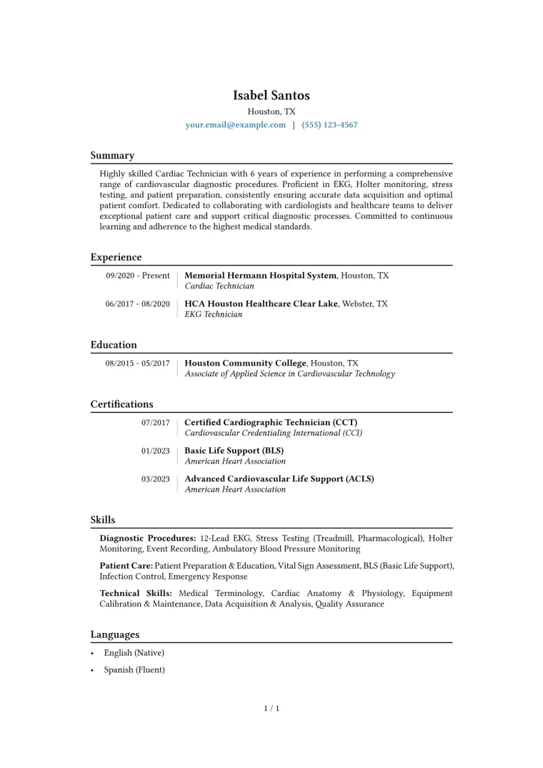 Cardiac Technician Resume Example CV template preview
