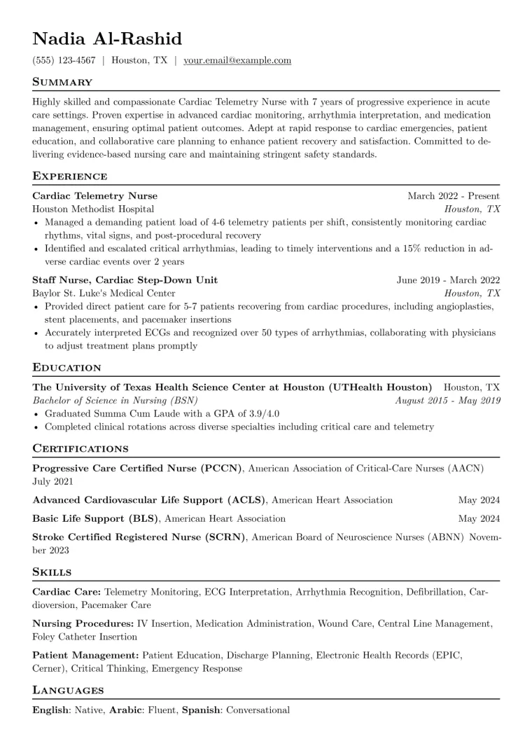 Cardiac Telemetry Nurse Resume Example CV template preview