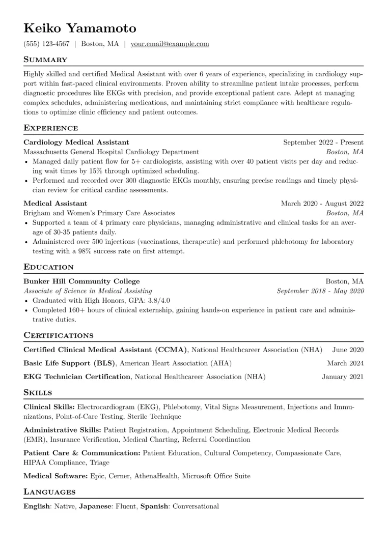 Cardiology Medical Assistant Resume Example CV template preview