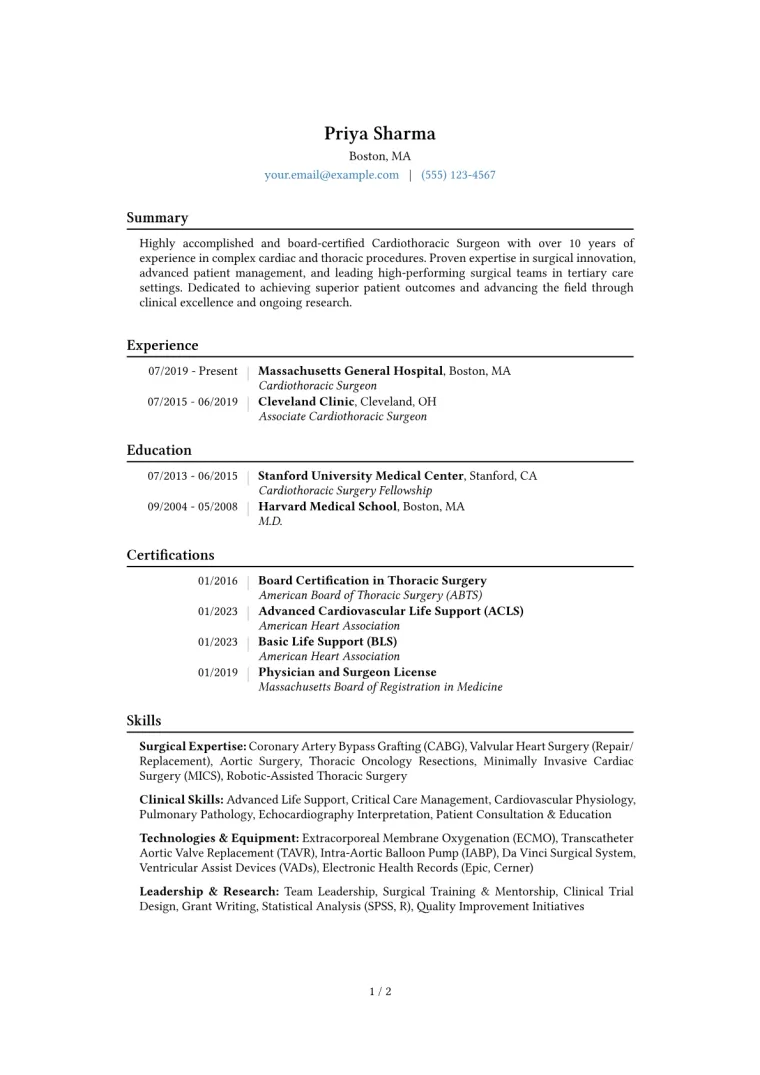 Cardiothoracic Surgeon Resume Example CV template preview