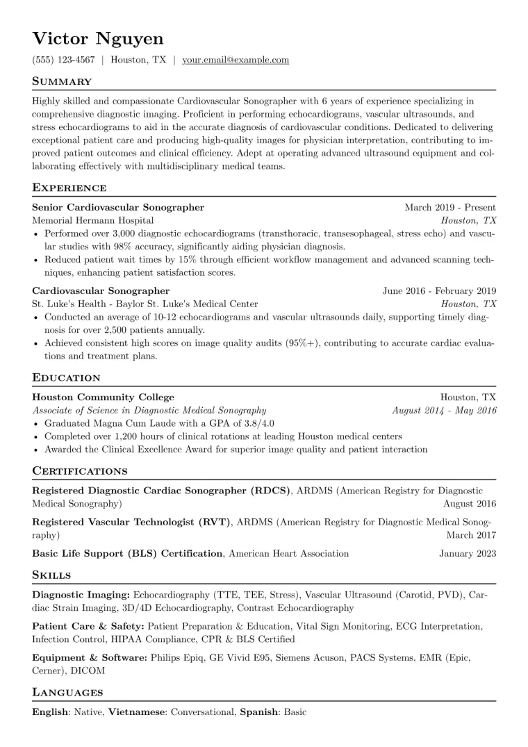 Cardiovascular Sonographer Resume Example CV template preview