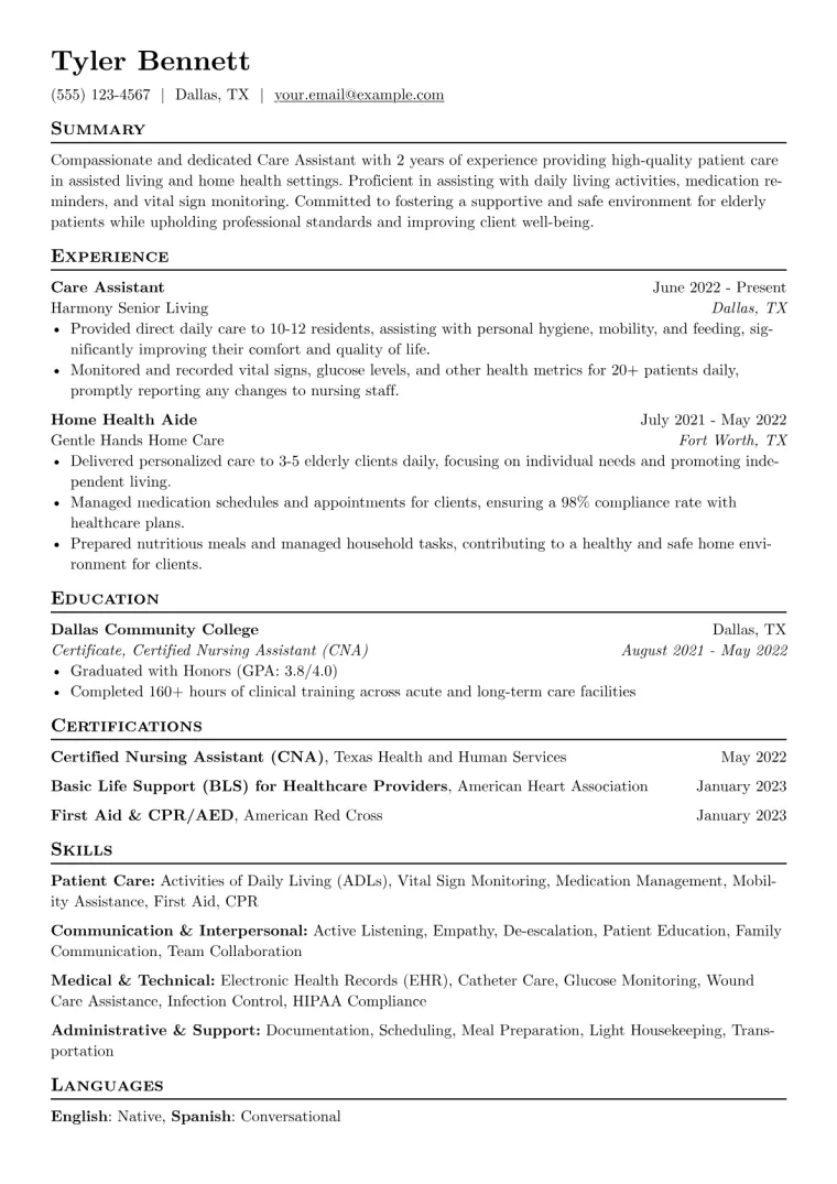 Care Assistant Resume Example CV template preview