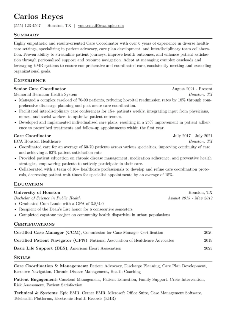 Care Coordinator Resume Example CV template preview