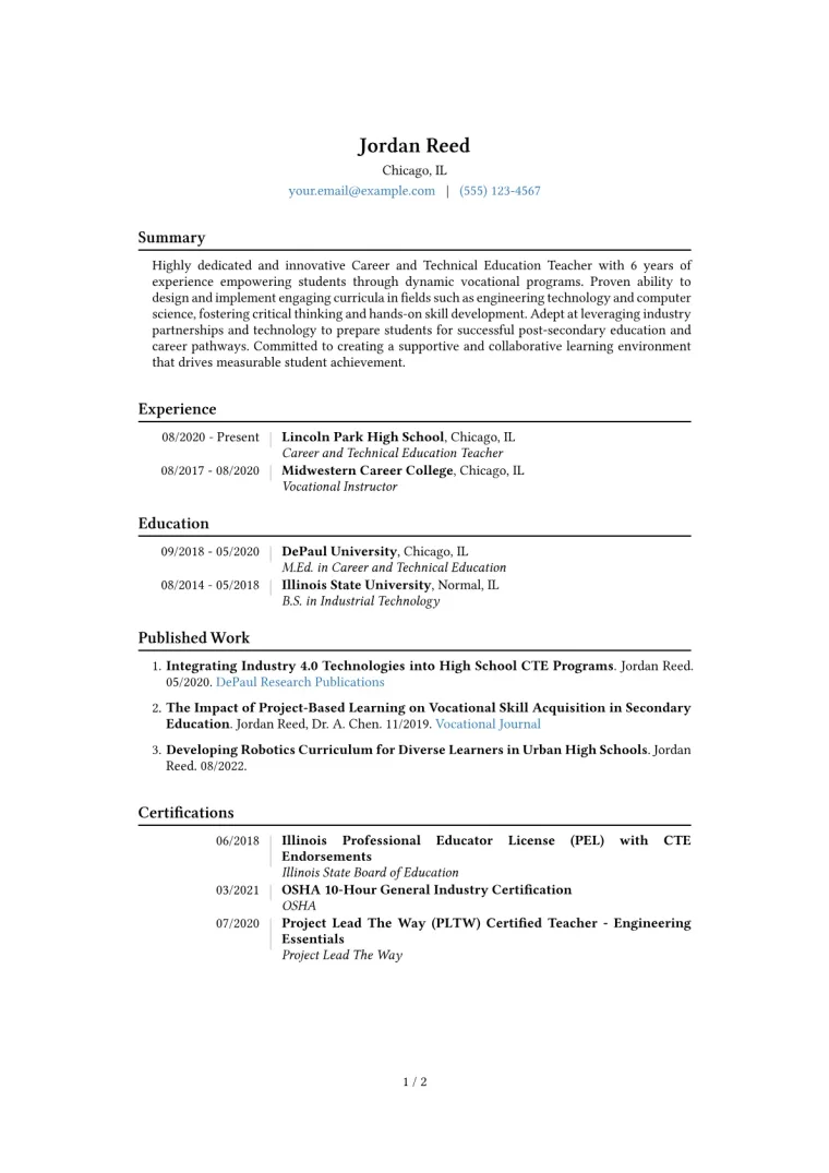 Career and Technical Education Teacher Resume Example CV template preview