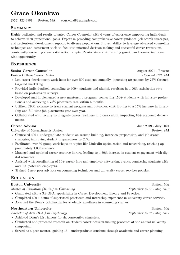 Career Counselor Resume Example CV template preview