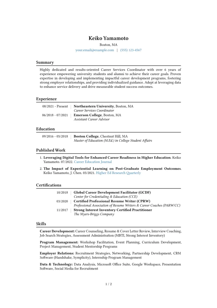 Career Services Coordinator Resume Example CV template preview