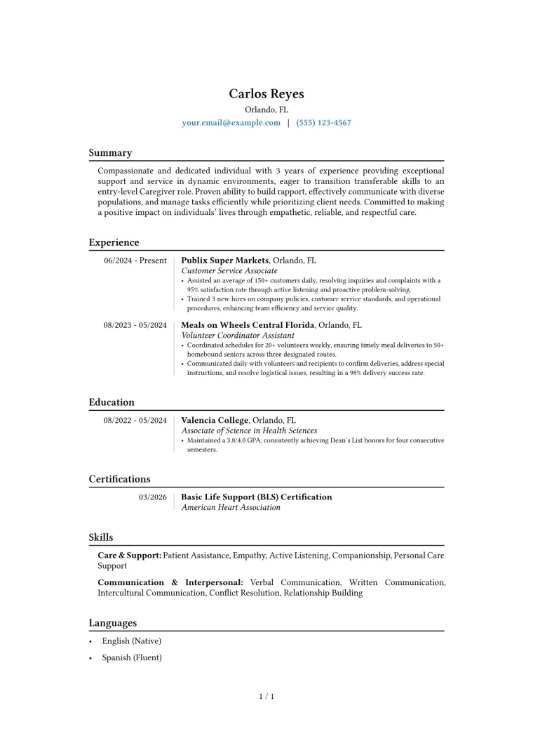 Caregiver with No Experience Resume Example preview
