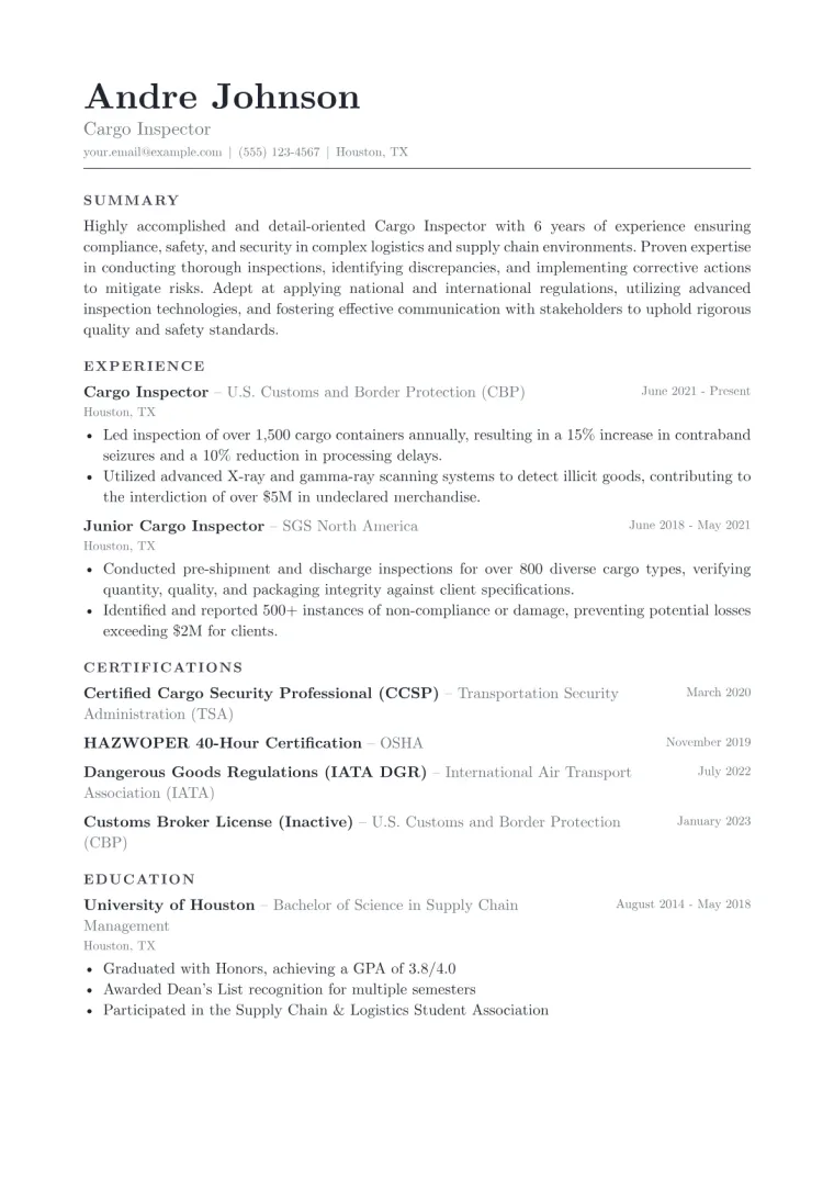 Cargo Inspector Resume Example CV template preview