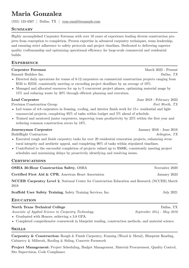 Carpenter Foreman Resume Example CV template preview