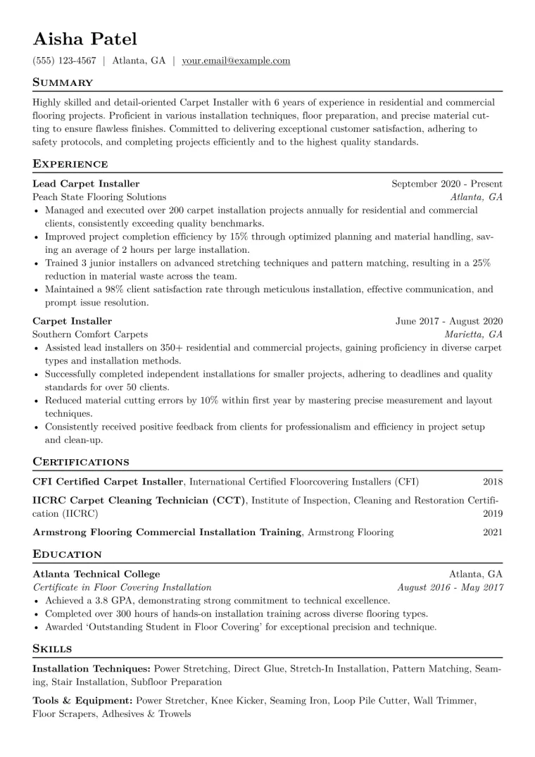 Carpet Installer Resume Example CV template preview