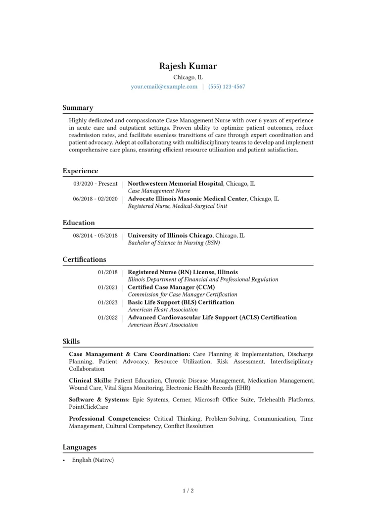 Case Management Nurse Resume Example CV template preview