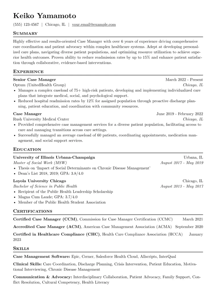 Case Management Resume Example CV template preview