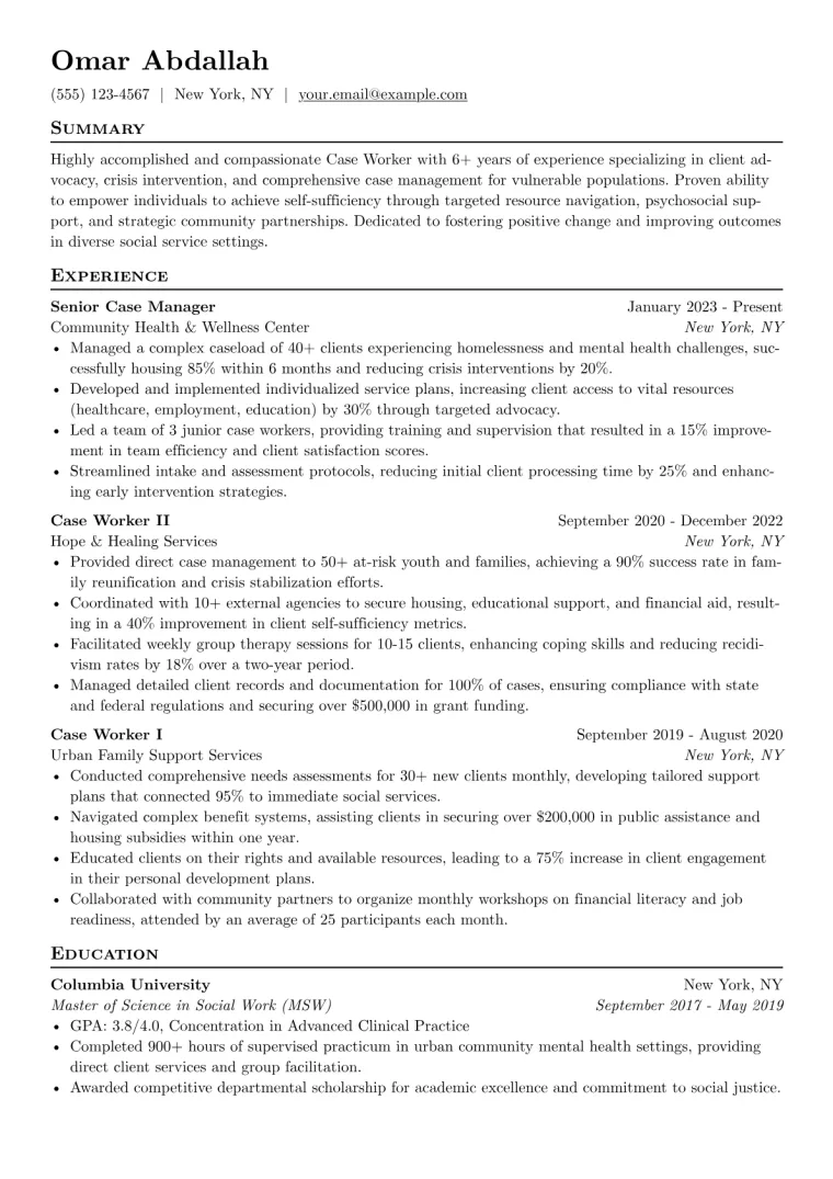 Case Worker Resume Example CV template preview