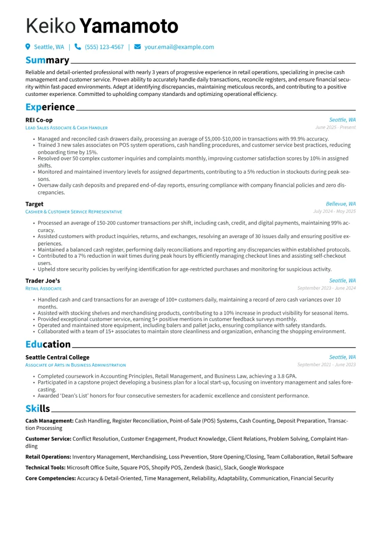 Cash Handler Resume Example CV template preview