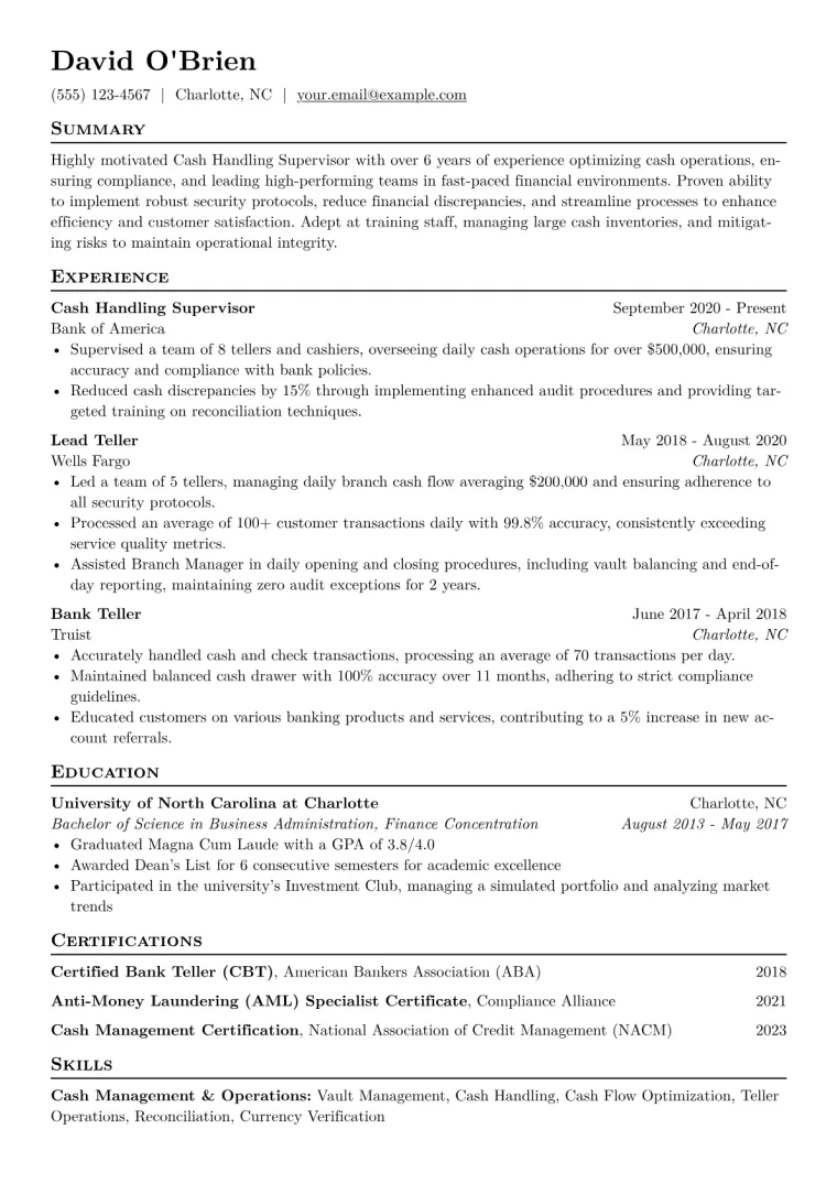 Cash Handling Supervisor Resume Example CV template preview