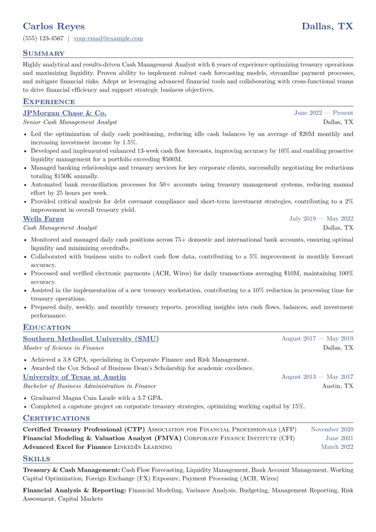 Cash Management Analyst Resume Example CV template preview