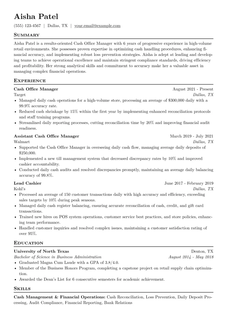 Cash Office Manager Resume Example CV template preview