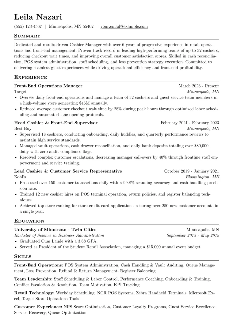 Cashier Manager Resume Example preview